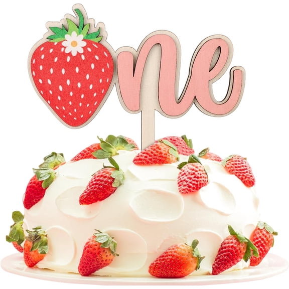 First Birthday Wooden Strawberry Cake Topper - Pink One Decoration for Baby Shower Party