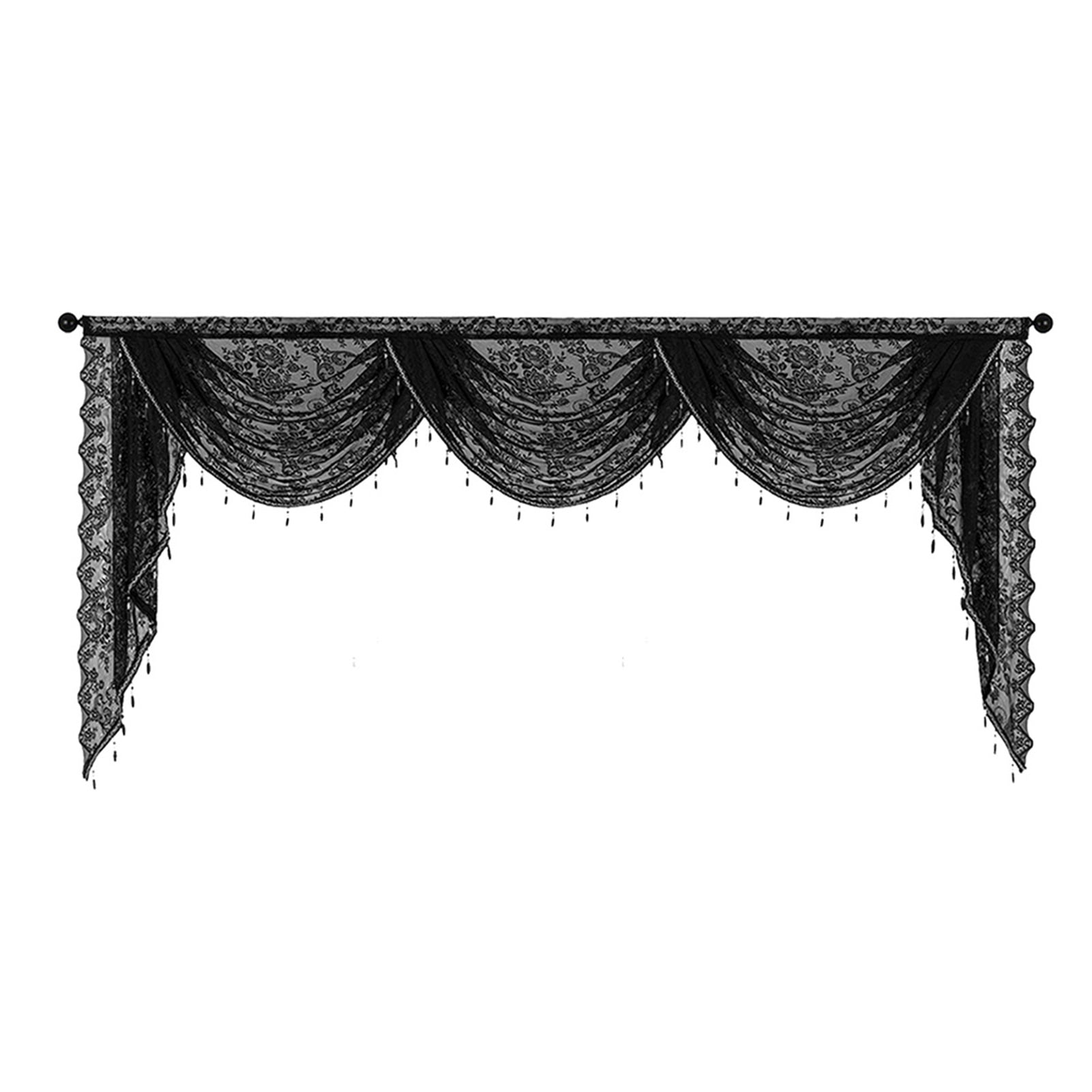 Yesbay Black Beaded Lace Waterfall Valance Lightweight Breathable Easy Installation Luxurious Small Window Semi Sheer Swag Waterfall Valance