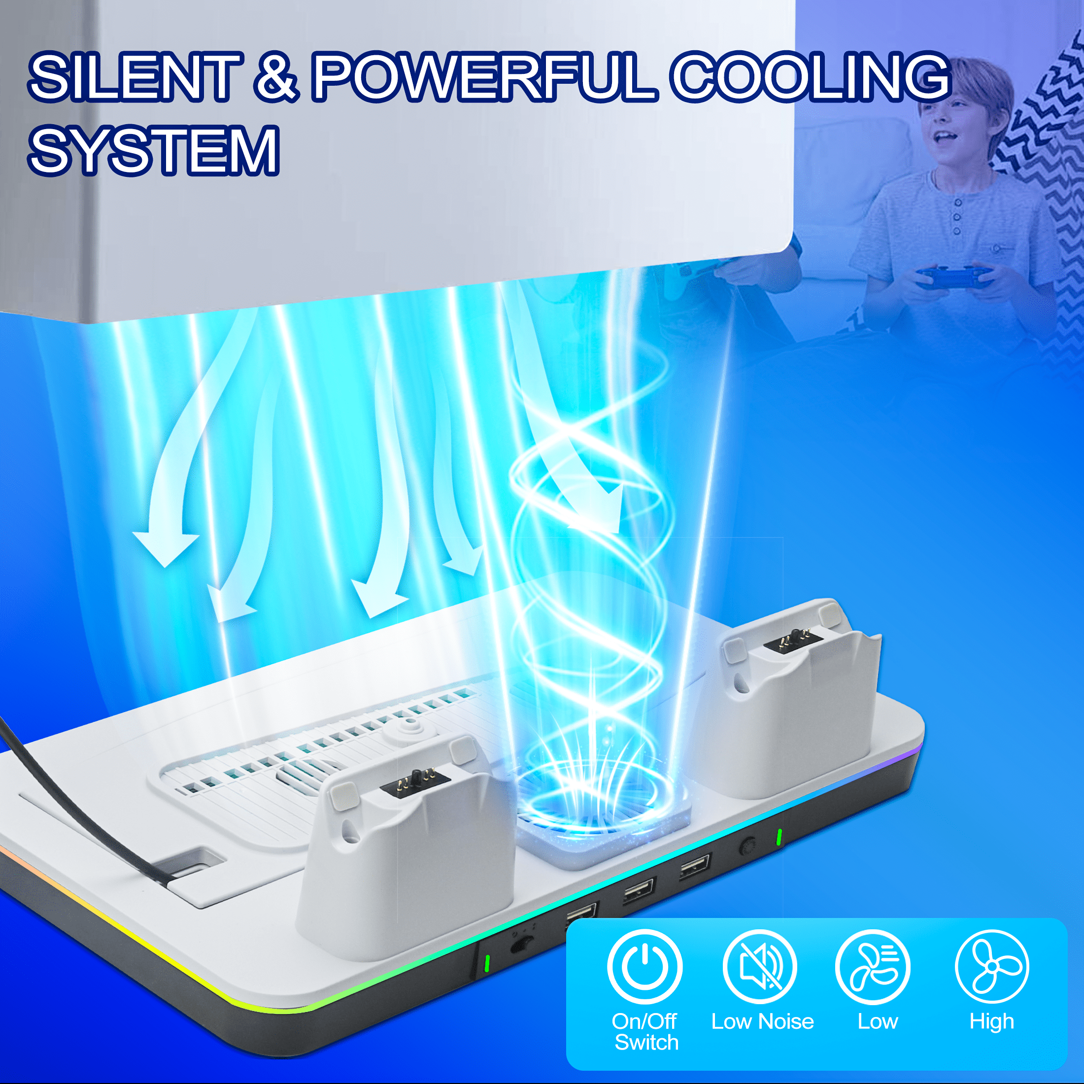 YUOY PS5/Slim/Pro Stand and Cooling Station with LED Controller Charging Station for PlayStation 5 Console, Controller Charger, Cooling Stand, PS5/Slim/Pro Accessories Kit with 2 Level Cooler Fan