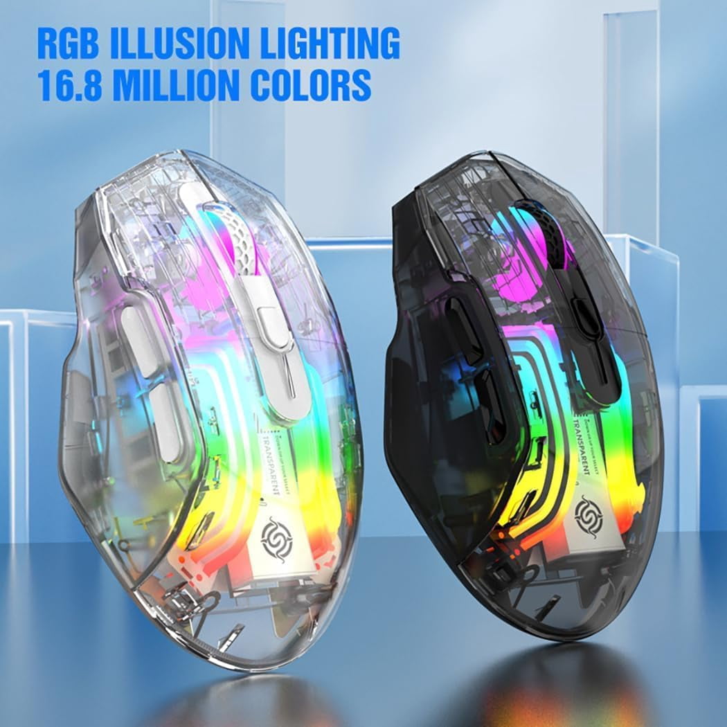 Tri-Mode Wireless Gaming Mouse, 2.4G/Bluetooth/USB-C Wired, Transparent Chroma RGB Mouse, 3600 DPI Optical Computer Mouse for PC Laptop Esports (White/Black)