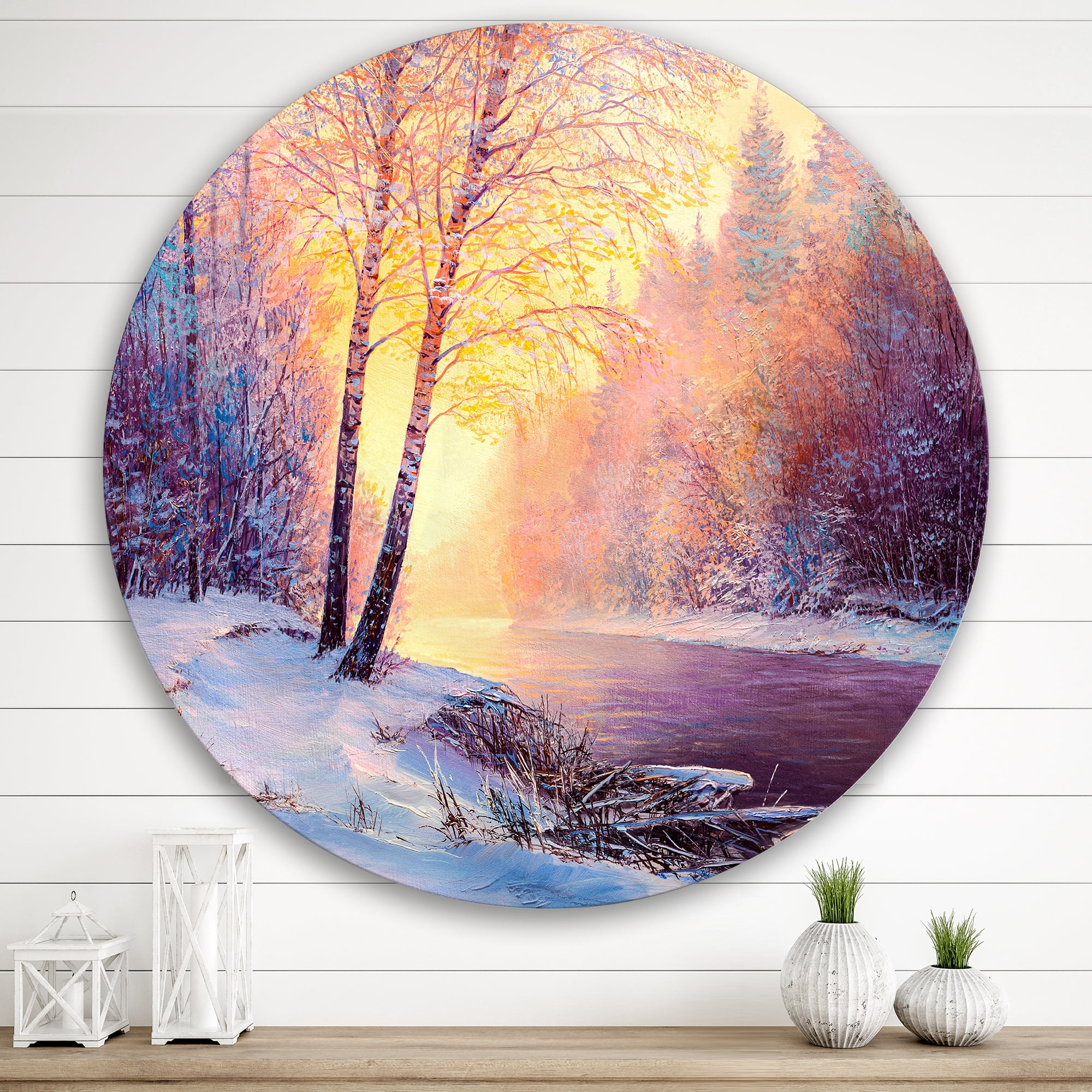 Designart 'Bridge Of Meandering River With Winter Scenery II' Lake House Circle Metal Wall Art 29x29 - Disc of 29