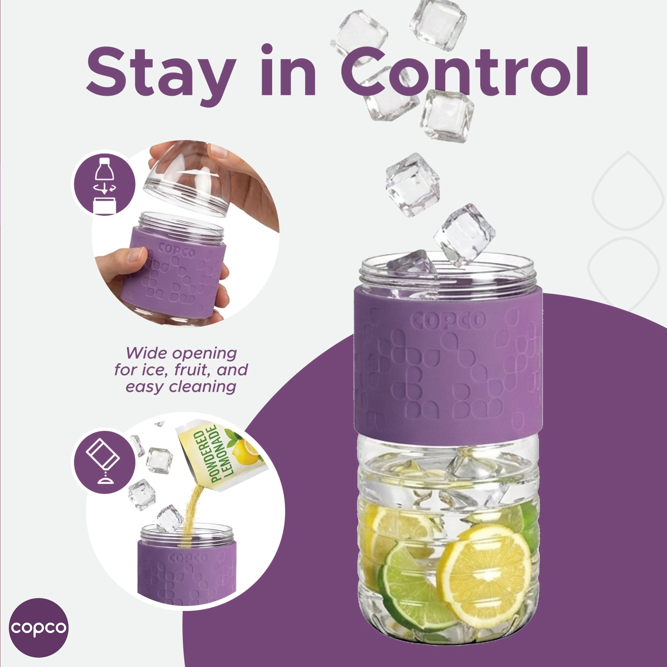 Copco Hydra Reusable Water Bottles, Set of 2, Non-Slip Sleeve, Spill Resistant Lid, Clear Water Bottles for School, Gym, & Travel, 16 Oz (Purple)