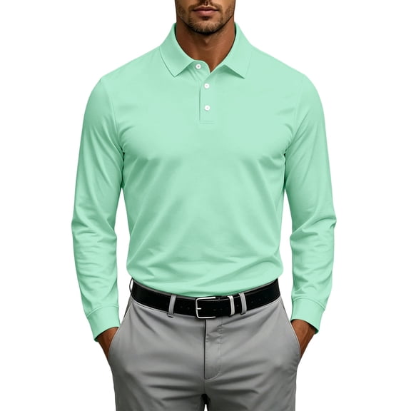 GrmtClth Men's Three Button Lapel Collar Button Down Polo Shirt, Moisture Wicking Fabric Long Sleeve Loose Fit Backyard Golf Tops Turquoise S