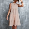 thumbnail image 4 of Women’s Summer Dress Sleeveless Round Neck Mini Beach Dress Solid Color Loose Fit Cute Short Flowy Pleated Tank Dress, 4 of 7