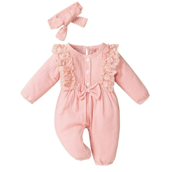 Splozh Infant Girl Long Sleeve Romper Baby Girl Outfit Long Sleeve Romper Jumpsuit Newborn Girl Outfits Clothes with Headband Pink,0-3 Months