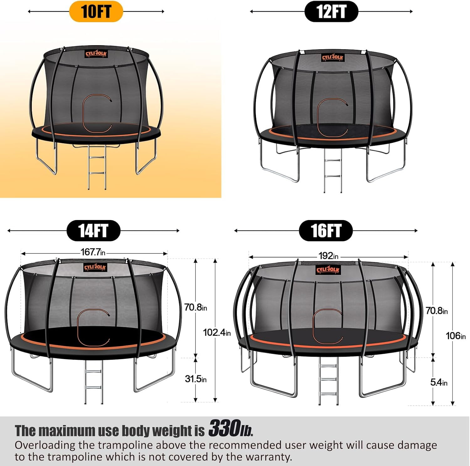 10/12/14/16FT Outdoor Recreational Backyard Heavy Duty Trampoline with Safety Enclosure Net，big trampoline for Kids and Adults,black，green