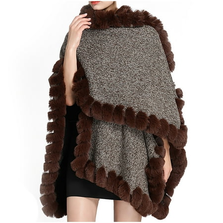 XFLWAM Women Ponchos Faux Fur Oversize Cape Open Front Thicken Knitted Cardigan Cloak Shawl Wraps Coffee Free Size XFLWAM Women Ponchos Faux Fur Oversize Cape Open Front Thicken Knitted Cardigan Cloak Shawl Wraps Coffee Free Size