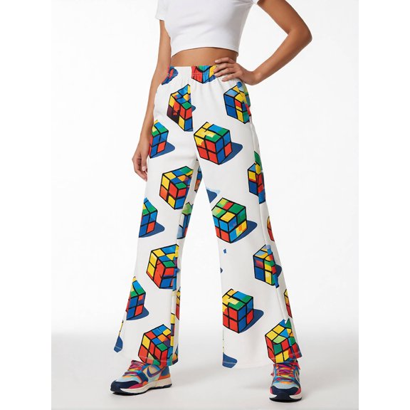 Girls Wide Leg Flared Pants, Printed Bell Bottom Trousers, Casual Digital Print Kids Apparel for Ages 4-13, Spring Summer Autumn