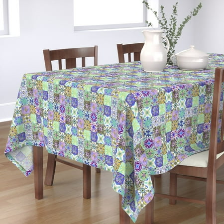 

Cotton Sateen Tablecloth 90 Square - Tiles Blue Watercolor Modern Fresh Pink Boho Spanish Geometric Floral Print Custom Table Linens by Spoonflower