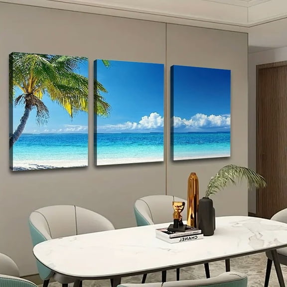 Shadudu Palm Trees Beach Canvas Print Large Size 3-Piece Wall Art Set for Home and Office Decor 16x24x3pcs