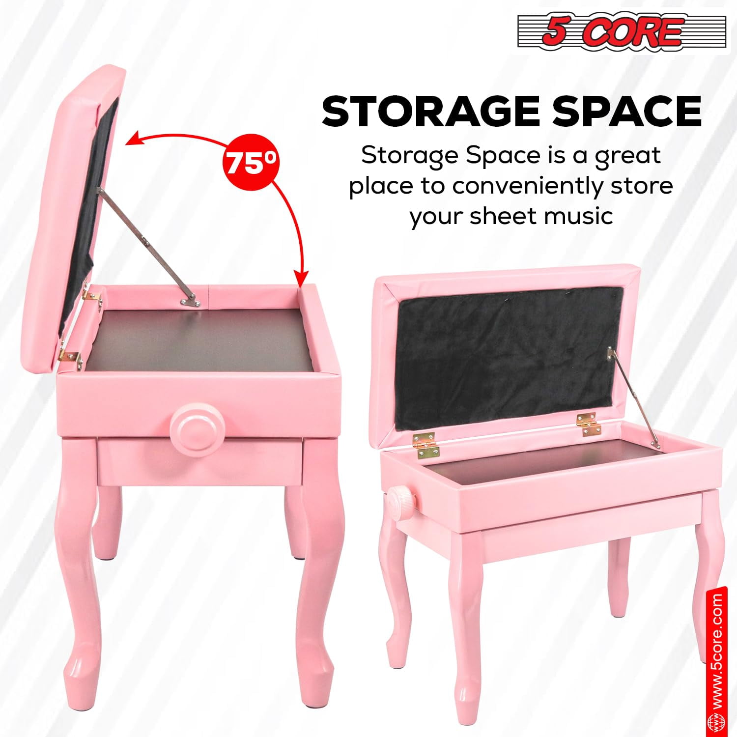5 CORE Piano Bench with Storage Thick Padded Cushion 3 Inch Adjustable Height Solid Wooden Keyboard Musician Seat with PU Leather Cushion Cherry Pink - PNB WD HD PNK