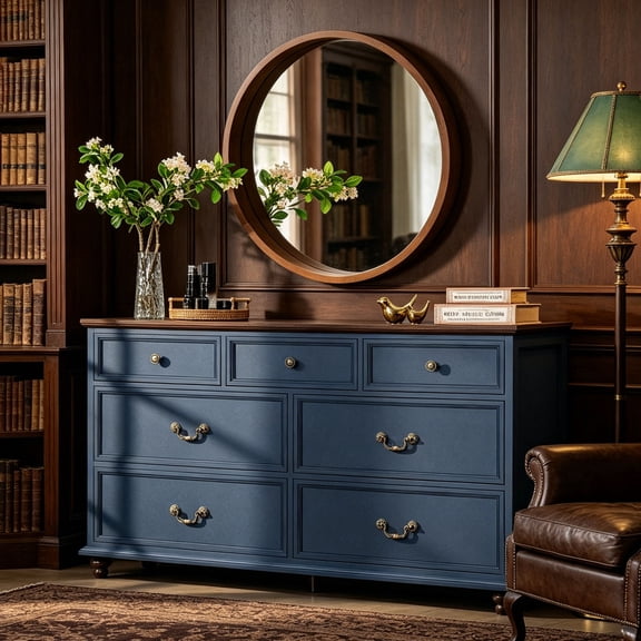 Joaxswe 7 Drawer Dresser for Bedroom, 54" Wide Dresser Organizer Chest of Drawers for Nursery Dark Blue