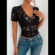 thumbnail image 4 of Blusa de para Mujer, de Corta, Cuello Redondo, Ajustada, con Encaje Floral Liso, Blusas Transparentes con Cuello en V Negro S, 4 of 7