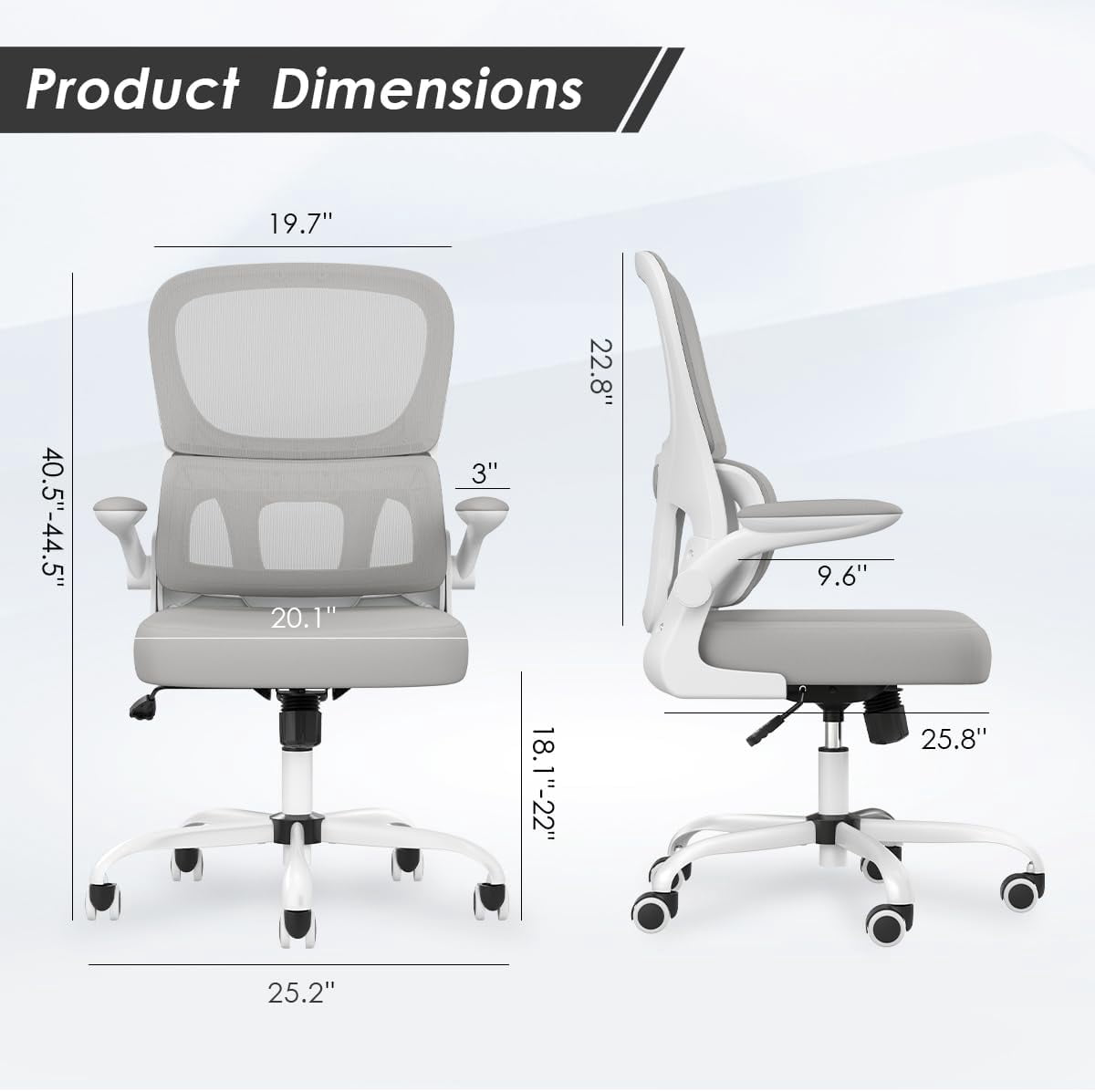 STARY Ergonomic Mesh Office Chair, Computer Chair with Lumbar Support and Flip-up Armrests, Comfy Desk Chair with PU Wheels for Home Office, White & Gray