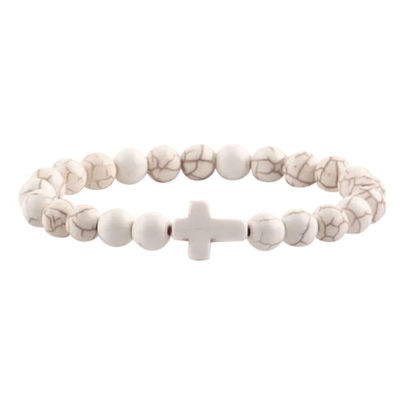 Natural Stone Cross Bracelet - Adjustable Stretch Beaded Christian Jewelry for Women Men, Religious Catholic Gift,Christian Cross Beaded Bracelet,Baptism & Communion Jewelry(White,)