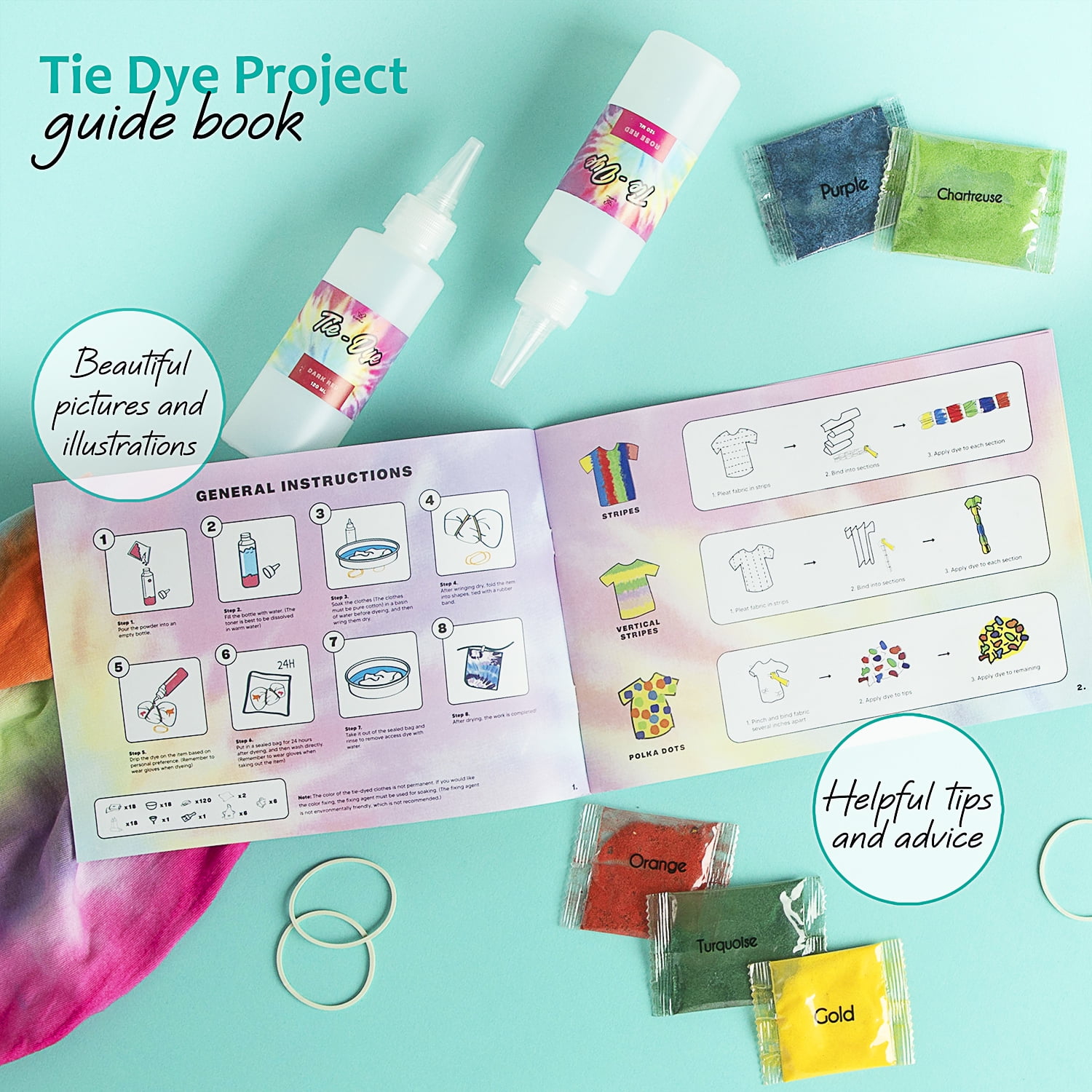 CraftBud DIY Tie Dye Kit for Kids, Adults, Large Groups - 18 Colors - Includes 1 Cap, 18 Bottles, 120 Rubber Bands, 1 Funnel, 1 Guide Book