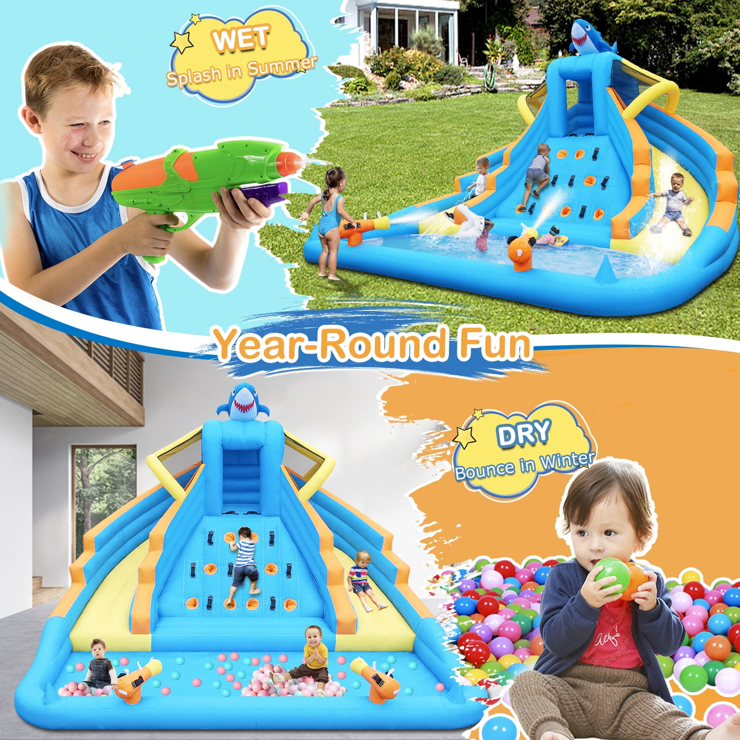 COCOFISH 13FT Shark Inflatable Water Slide for Indoor & Outdoor Use, with Dual Slides, Climbing Wall, Pool, Water Cannon and 680W Blower