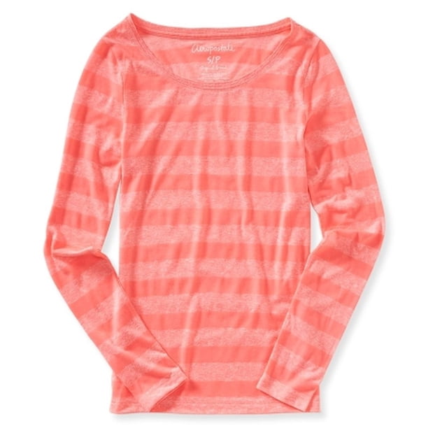 Aeropostale Camiseta gráfica con rayas de neón para mujer, rosa, grande Aeropostale Camiseta gráfica
