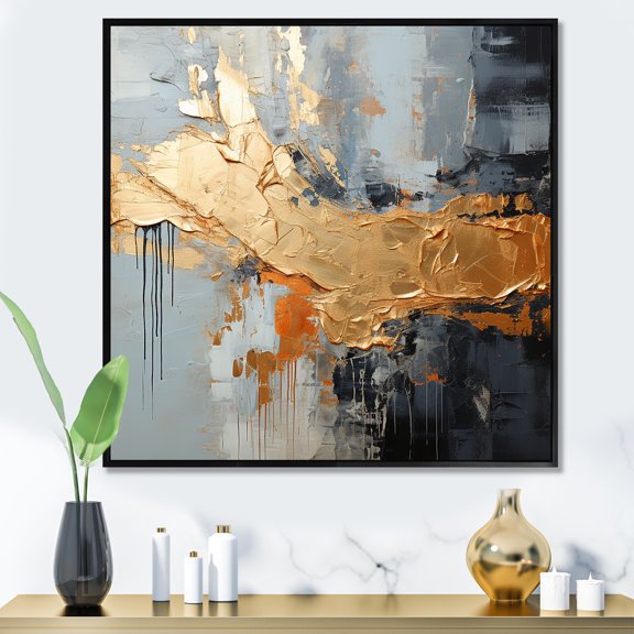 Designart "Modern Liquid Shapes in Gold and Grey IV" Abstract Framed Wall Art - Gold Abstract Modern Shapes Living Room Framed Canvas Art