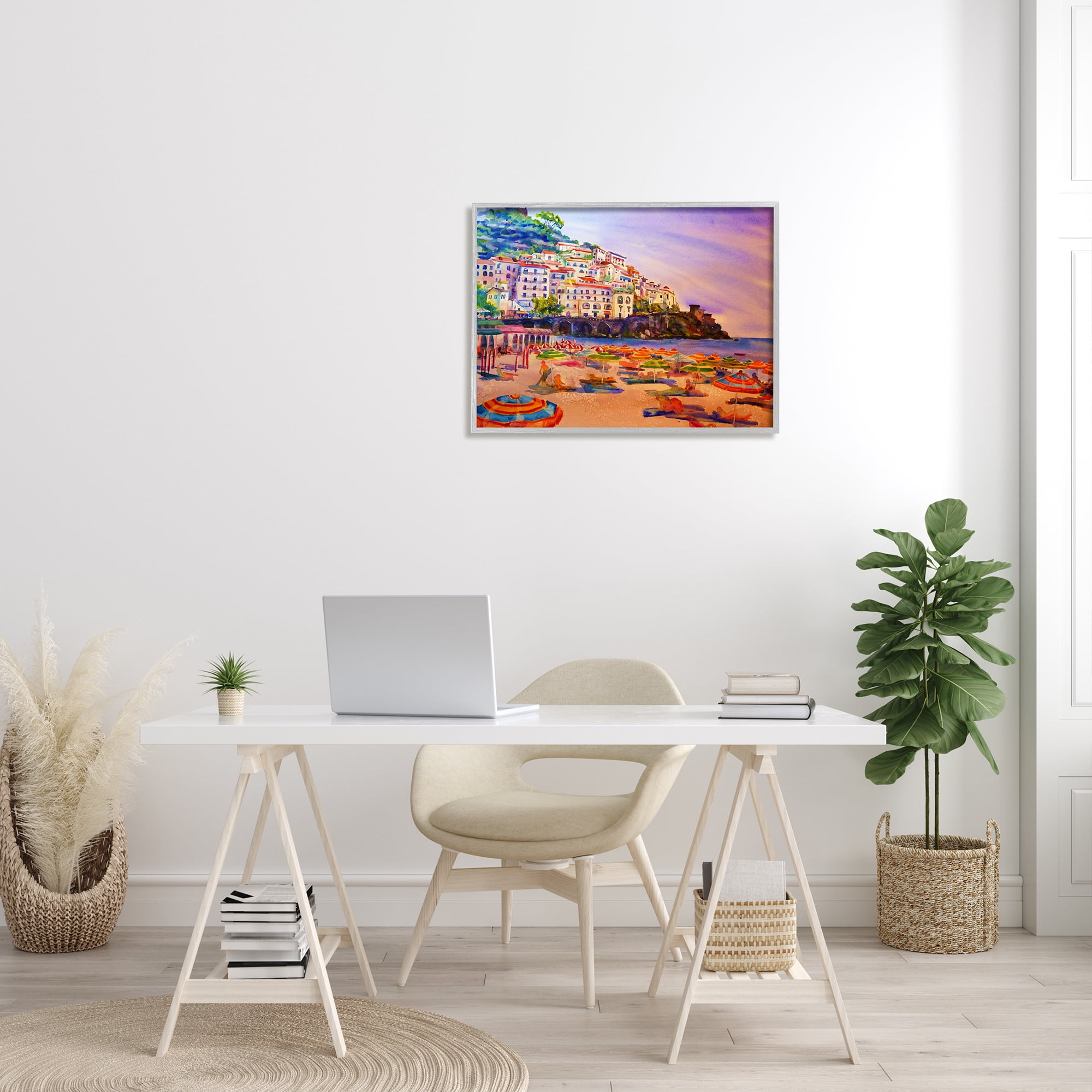 Stupell Industries Summer Beach Landscape Nature Painting Gray Framed Art Print Wall Art, 30 x 24