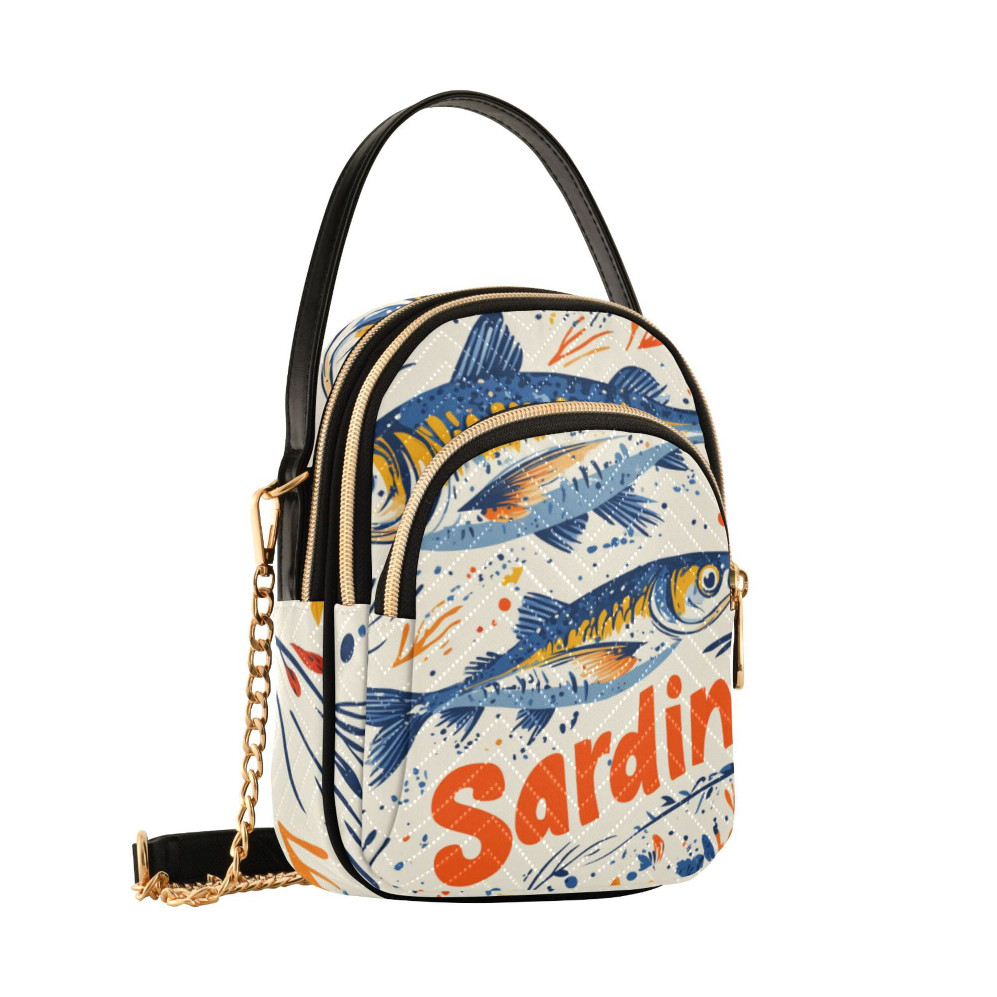 FORMRS Crossbody Bag for Women Quilted Travel Shoulder Cell Phone Purse with Chain Strap Handbag, Blue Sardines Pattern