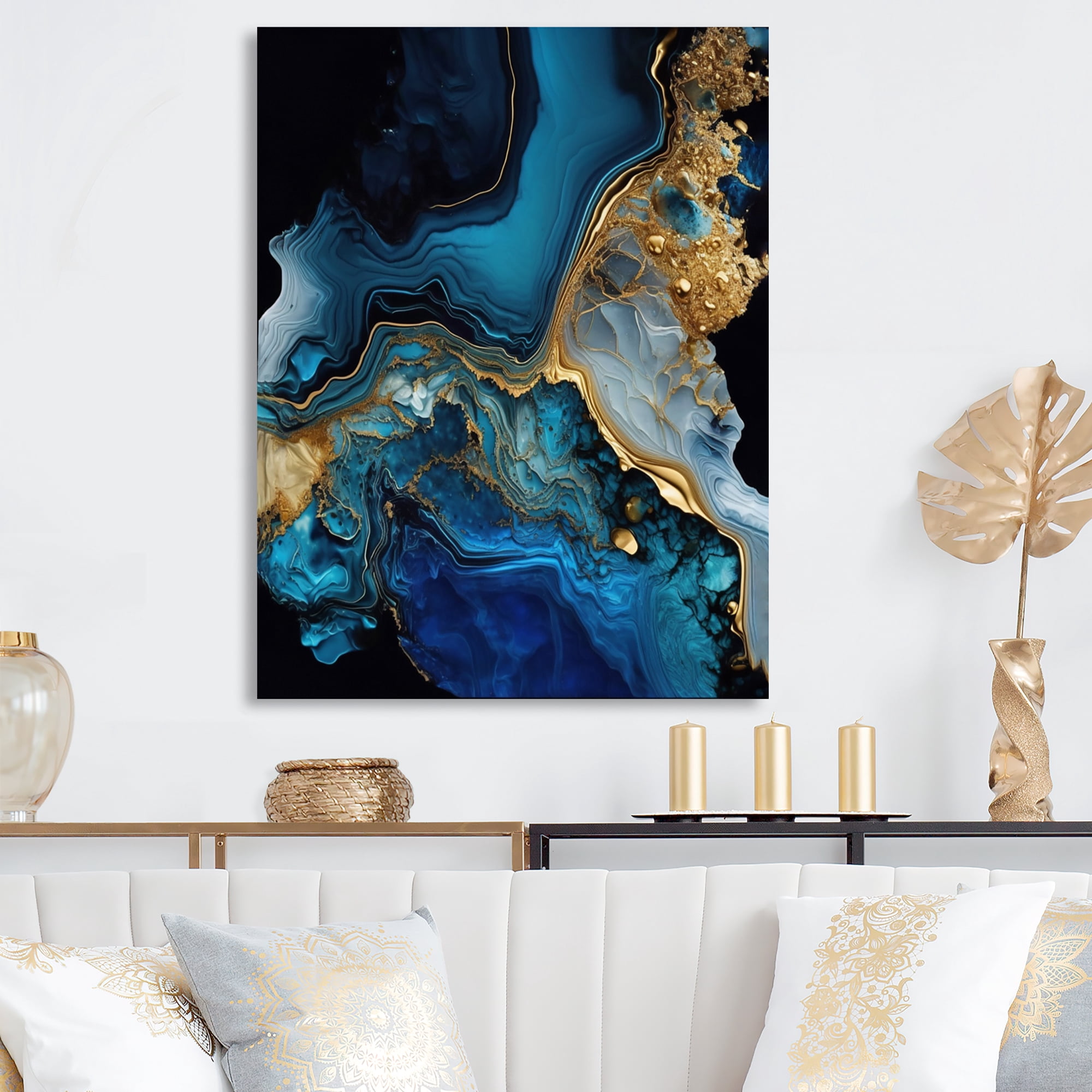 Designart Abstract Geode Gold And Blue Marble IV Canvas Wall Art