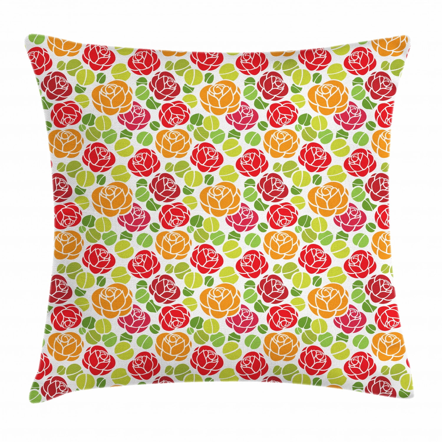 Rose Throw Pillow Cushion Cover, Abstract Flowers with Lively Colored Petals and Green Leaves