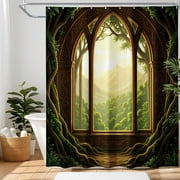 Amarainy Forest Window Shower Curtain 72x72 Inch Bathroom Shower Curtain Green Landscape Printed Fabric Curtain with Hooks Nature Decor