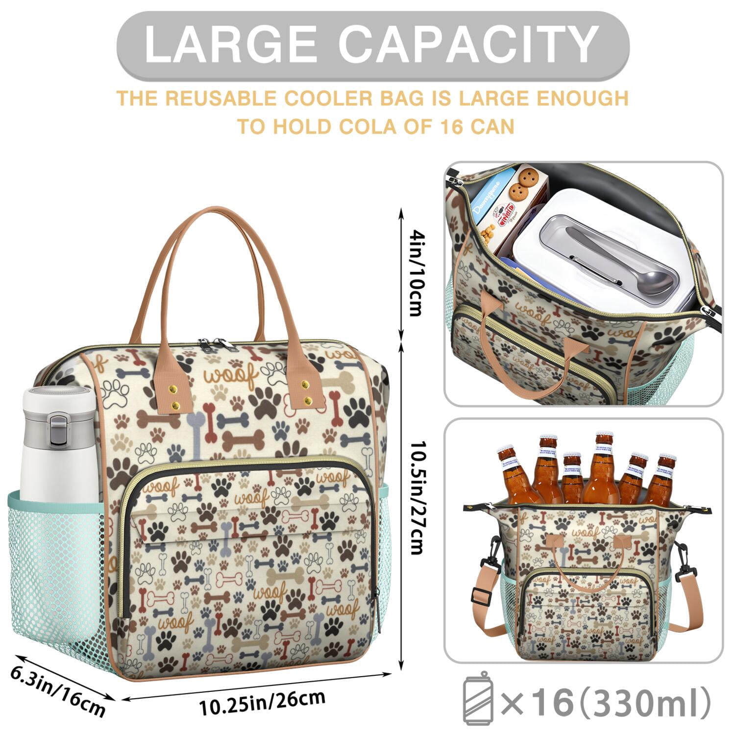 Cute Dog Paw Print Lunch Box, Large Insulated Lunch Tote with Puppy and Bone Patterns, Leakproof Cooler for Work, School or Outdoor Use
