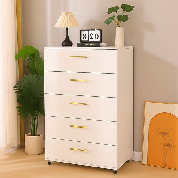 CQSXDA White Dresser with 5 Drawers and Handles - Versatile Storage Cabinet Ideal for Any Room Decor