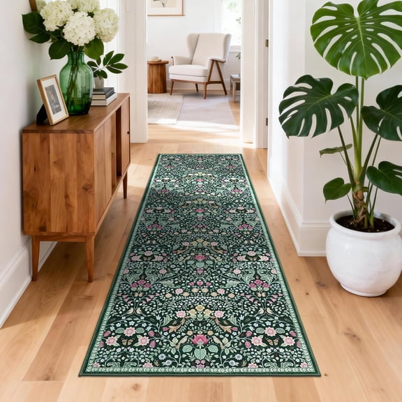 2x6 Runner Rug Washable Non Slip Low Pile Kitchen Hallway Entryway Vintage Floral Dark Green