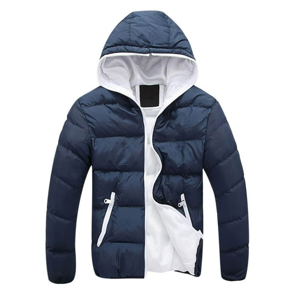 Puntoco Plus Size Coat Clearance Men's Autumn and Winter Color Contrast Thick Hooded Cotton Jacket Dark Blue 6(M)