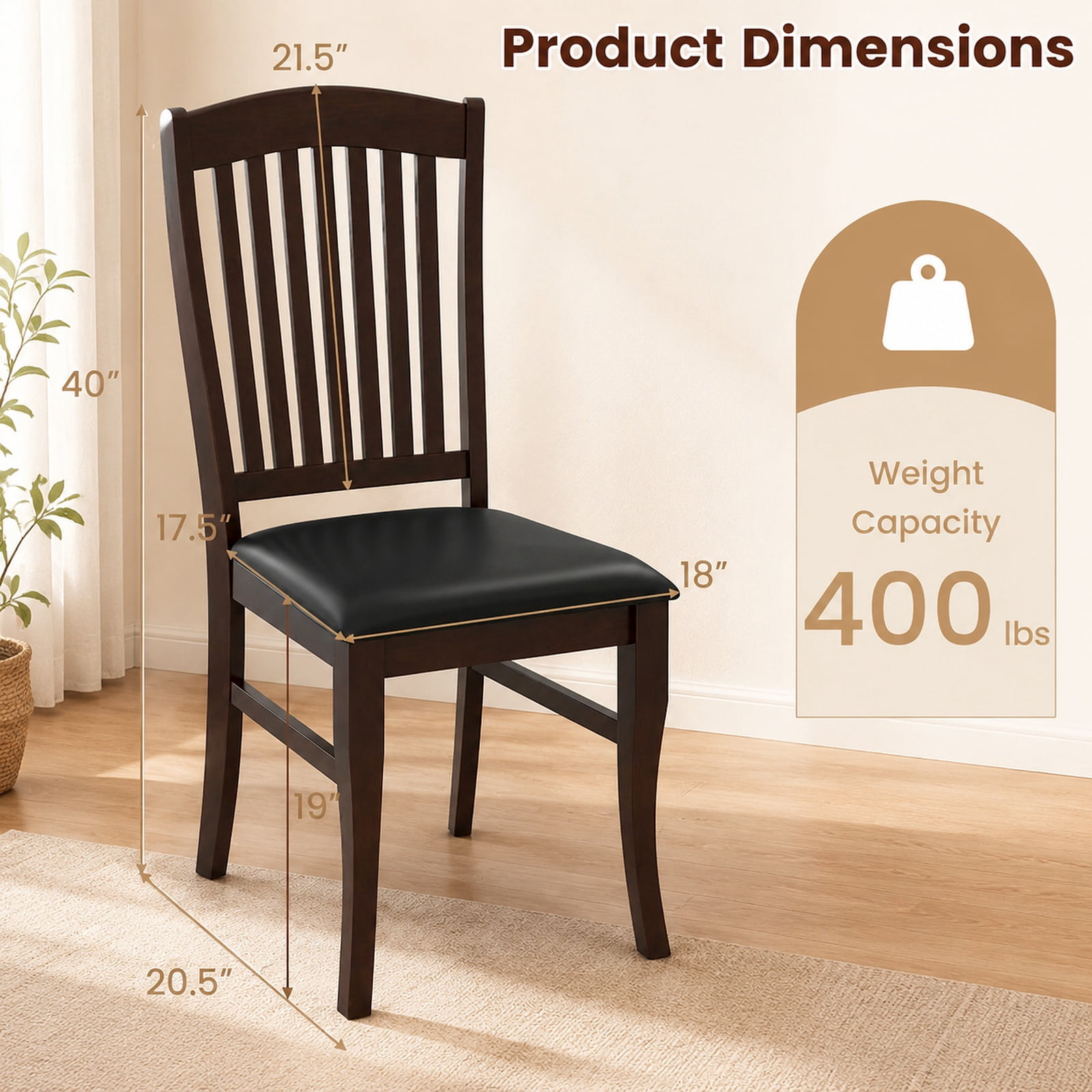 Furnibear Mid Century Dining Chairs Set of 2 Armless Kitchen Side Chairs with Solid Rubber Wood Frame and Curved Legs, Coffee