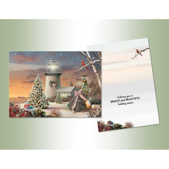 LPG Greetings Christmas Lighthouse Deluxe Non-flake Glitter Embellished Boxed Christmas Cards (66264)