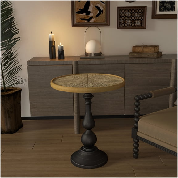 Retro Round Side Table with Metal Base, Natural Wood End Table for Living Room, French Country Accent Coffee Table