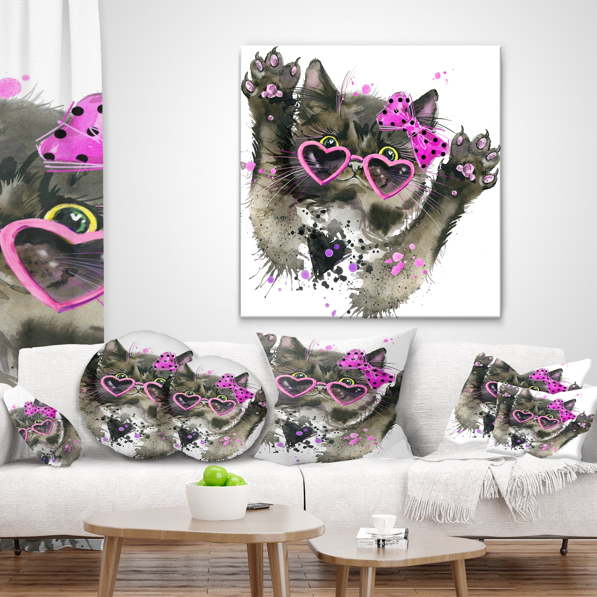 Designart Funny Black Cat Illustration - Animal Throw Pillow - 12x20
