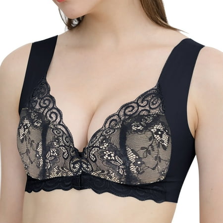 

JDEFEG Womens Sports Bras Underwire Women Full Cup Thin Underwear Plus Size Front Button Wireless Sports Lace Bra Cover Large Size Bras Lace Black Xxl