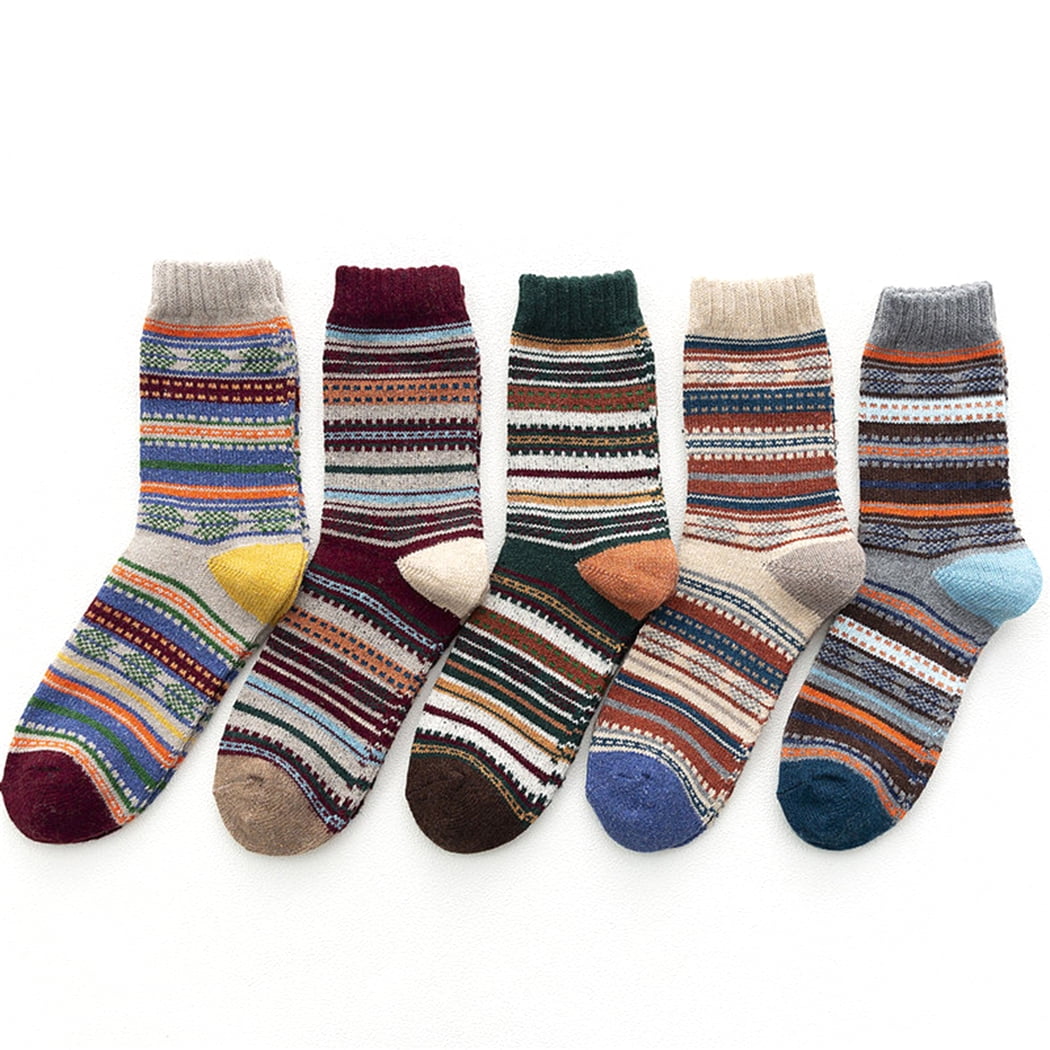 5 Pairs Mens Wool Socks Fashion Stripe Winter Warm Socks Crew Socks for ...