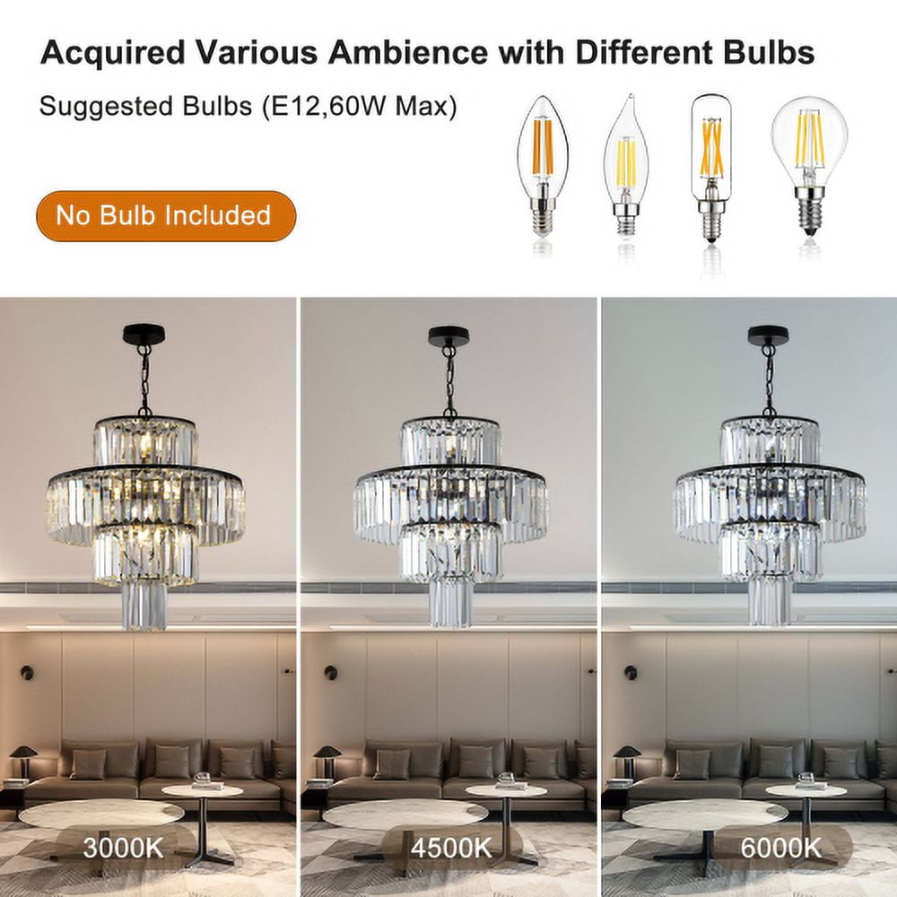 ACE-LIGHTS,19.7 Inch Modern Luxury Crystal Chandelier,Hanging Pendant Light Fixture for Living Room,Dining Room,Bedroom(Black)