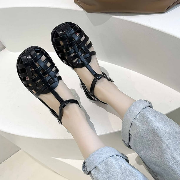 Sandalias romanas planas de nuevo estilo, sandalias tejidas informales con punta de hebilla para mujer Wmkox8yii shjk3462