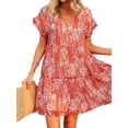 thumbnail image 2 of Uhndy Women Floral Printed Ruffled Sleeves V Neck Babydoll Mini Dress red l-LQ, 2 of 6