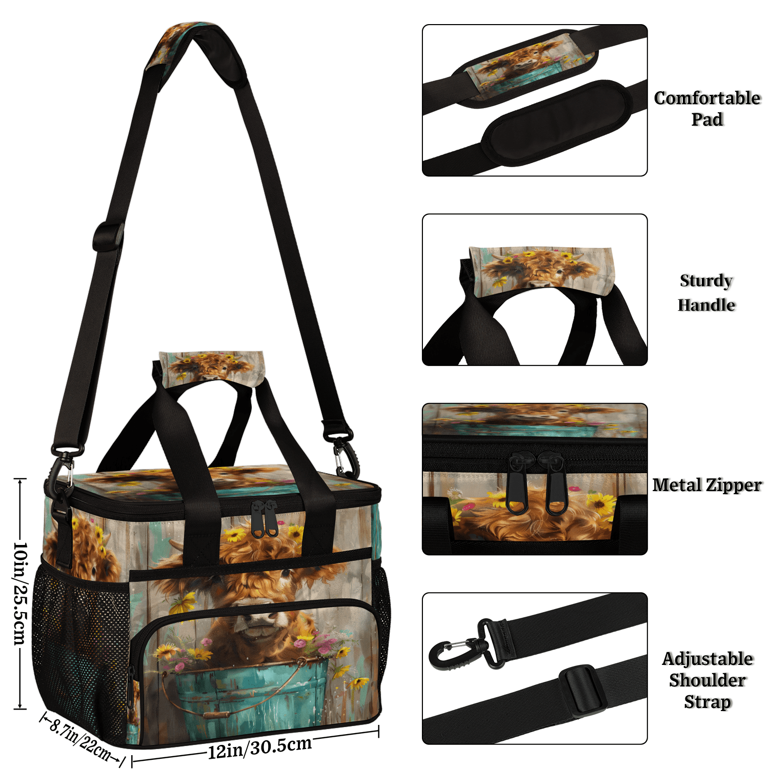 Herdesigns Highland Cow Wood Print Large Lunch Box for Adults Women Men with Adjustable Shoulder Strap, Insulated Reusable Lunch Bag Leakproof Cooler Tote Bag