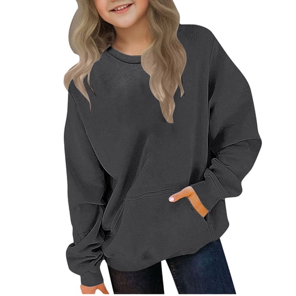 Khunlpohl Kids Sweatshirts Round Neck Solid Color Casual Tops Long Sleeve Loose Fall Winter Clothes with Pockets 2-12 Years