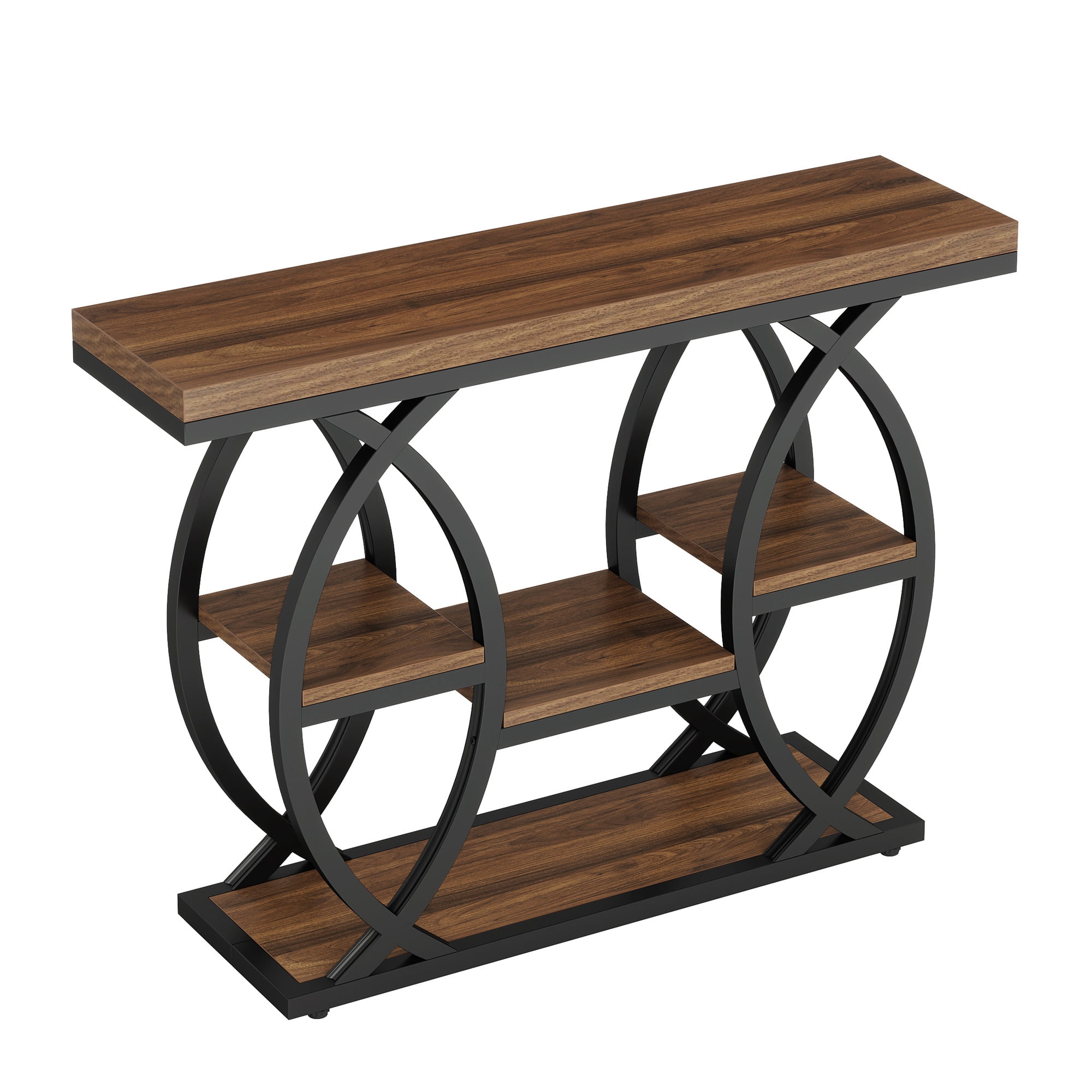 MAYEERTY 4-Tier Industrial Console Table, Rustic Top Geometric Metal Base Narrow Entryway Table