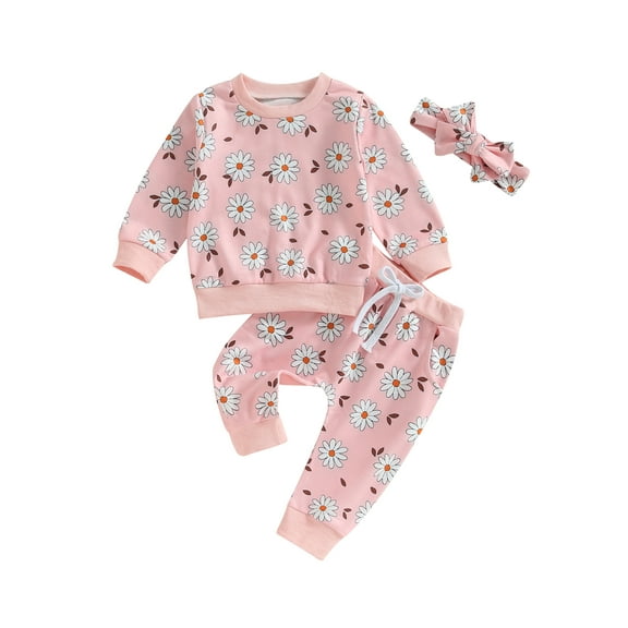 Bagilaanoe 3PCS Toddler Baby Girl Long Pants Set Floral Print Long Sleeve Sweatshirt Pullover Tops Drawstring Sweatpants 6M 12M 18M 24M 3T Kids Casual Sweatsuits
