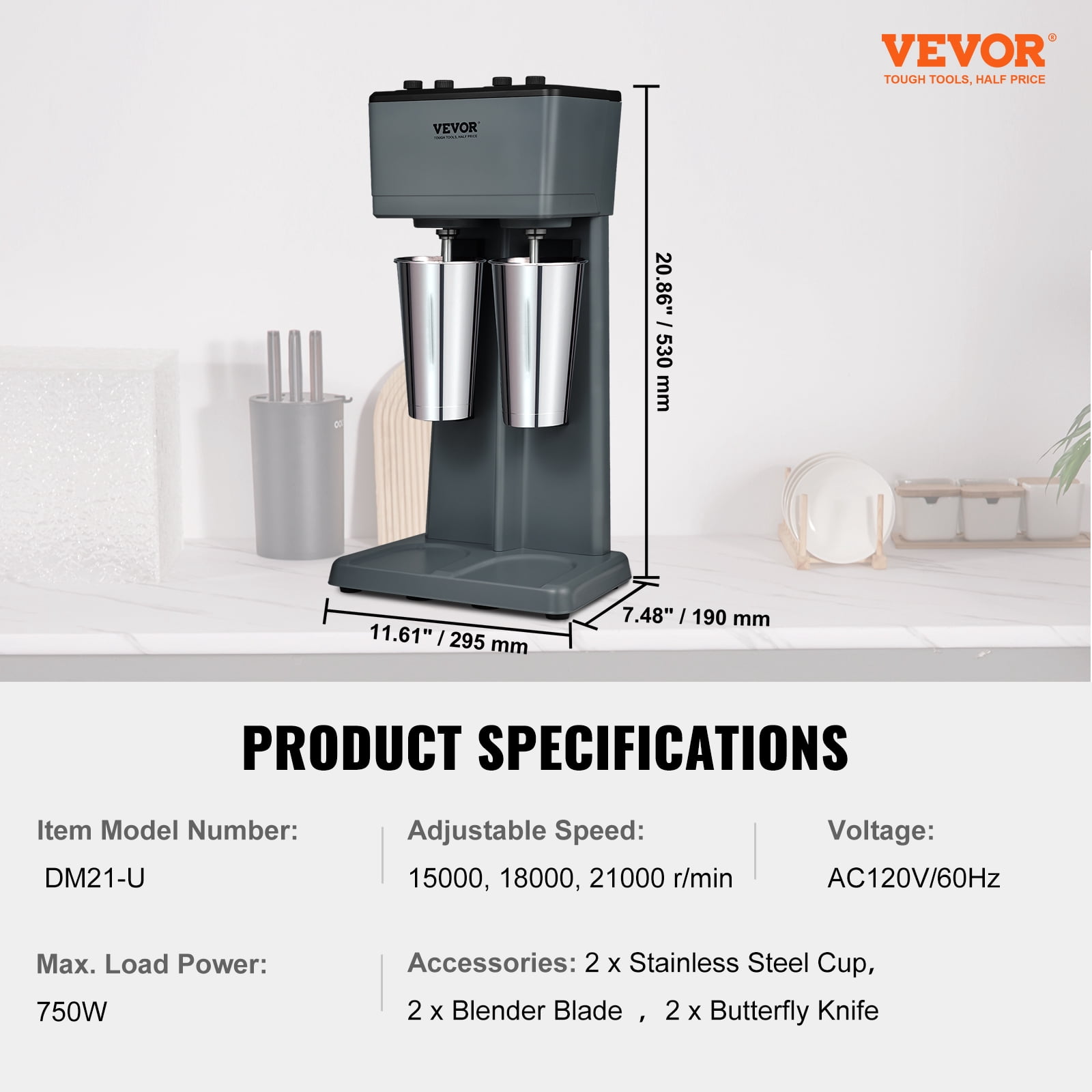 VEVOR Milkshake Machine, 375W x 2 Milkshake Maker Mixer, Dual Head Drink Mixer Blender Machine, 3-Speed Milkshake Blender with 2 x 820ml Stainless Steel Cup for Commercial