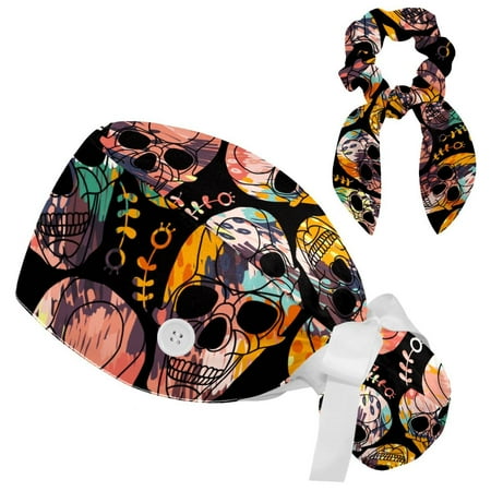 

Working Cap with Buttons and Sweatband Scrub Hat Bouffant Caps with Scrunchie Skull Tie Back Hats