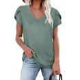 thumbnail image 2 of Women Short Petal Sleeve Top Hollow Out Holes V Neck Loose Type Casual T Shirt for Summer Wear Dark Green XXL, 2 of 5