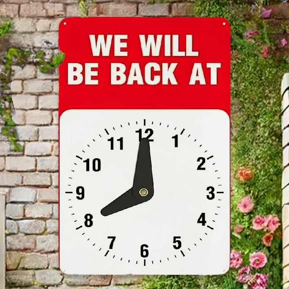 Vintage Retro Metal Sign 'We Will Be Back at' Clock - 8x12 Inches Wall Hanging Decorative Plaque for Home, Bar, Cafe, Restaurant, Garage - Multipurpose, No Electricity Needed, Metal Outdoor Decor Wall