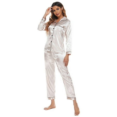 

Satin Pajama Set for Women Long Sleeve Sleepwear Silk Button Down Turn-down Collar Nightshirt with Elastic Waist Long Pajamas Pants Autumn Soft Loungewear Comfy Pjs Sets S-2XL Beige